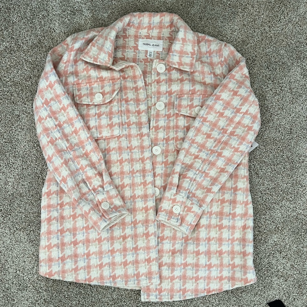 Tribal Jeans Shacket Peachy Pink, White, and a bit of Purple